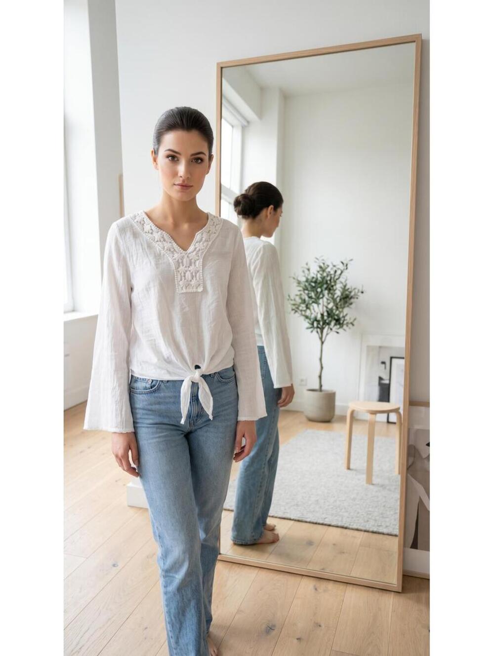 Boho Peasant Style Blouse Tie bottom Embroidered Neck Bell Sleeves Sm